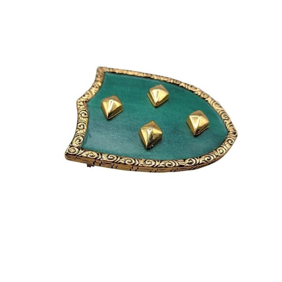Knights Shield Brooch Pin Gold Tone & Green Vinyl Decorative Trim Vintage - Picture 4 of 8